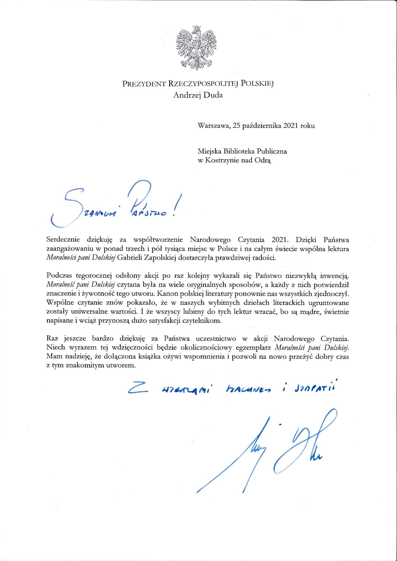 Podziękowanie Prezydenta RP 