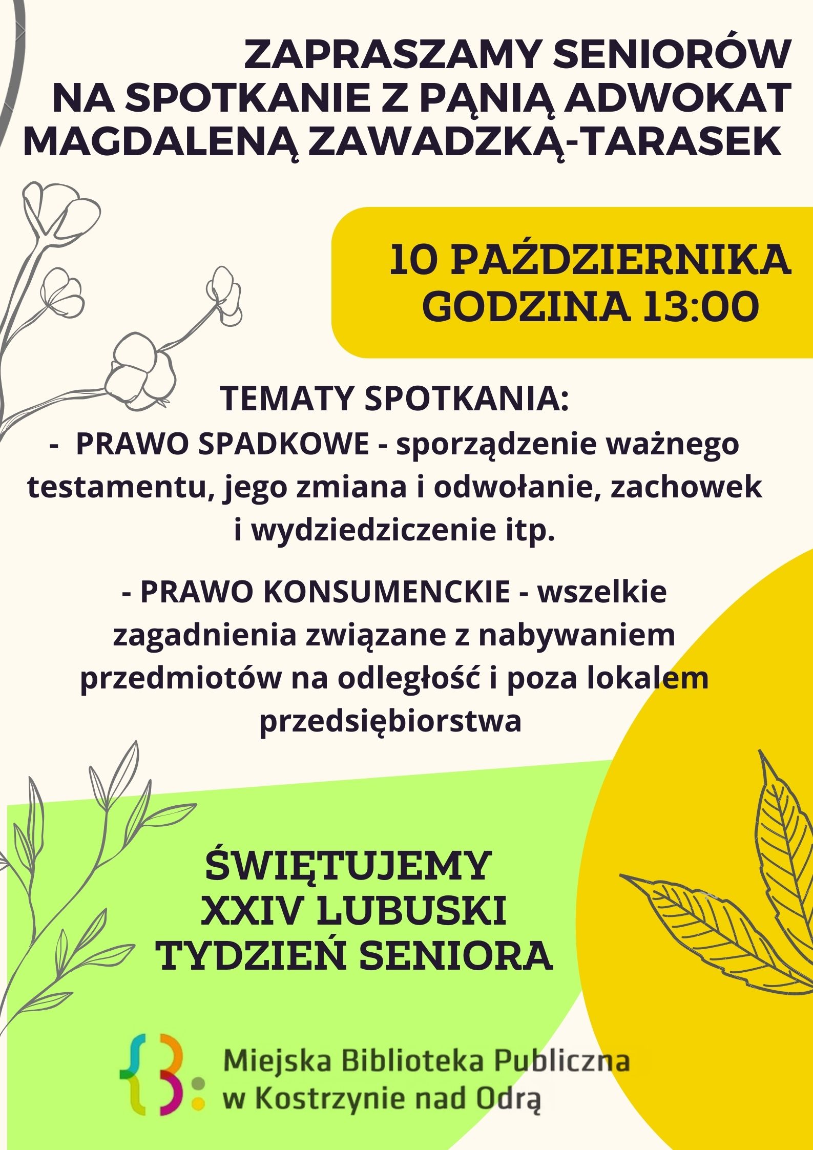 plakat informacyjny dot. Spotkanie z Adwokatką Magdaleną Zawadzką-Tarasek