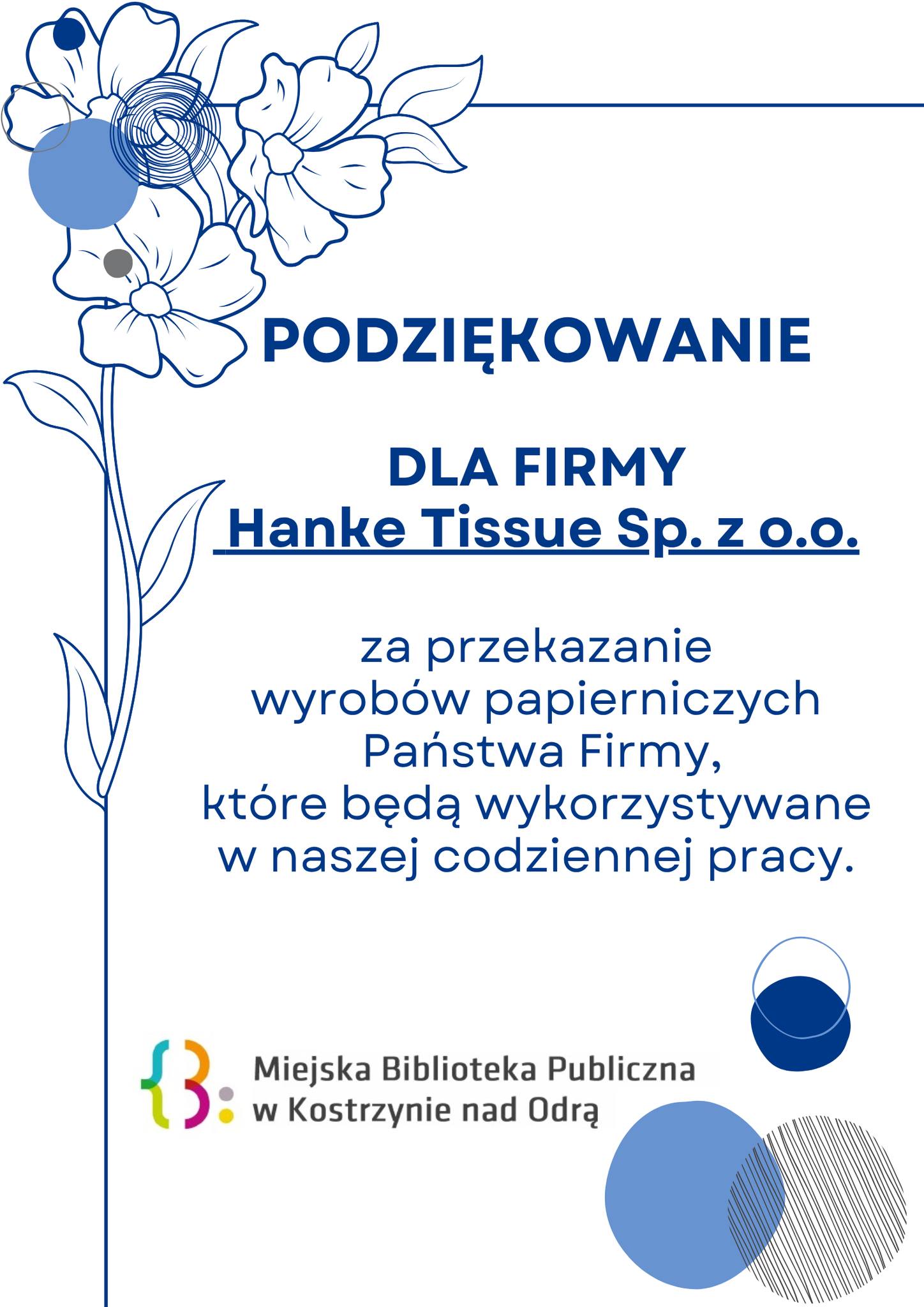 Podziękowanie za wsparcie dla firmy Hanke Tissue